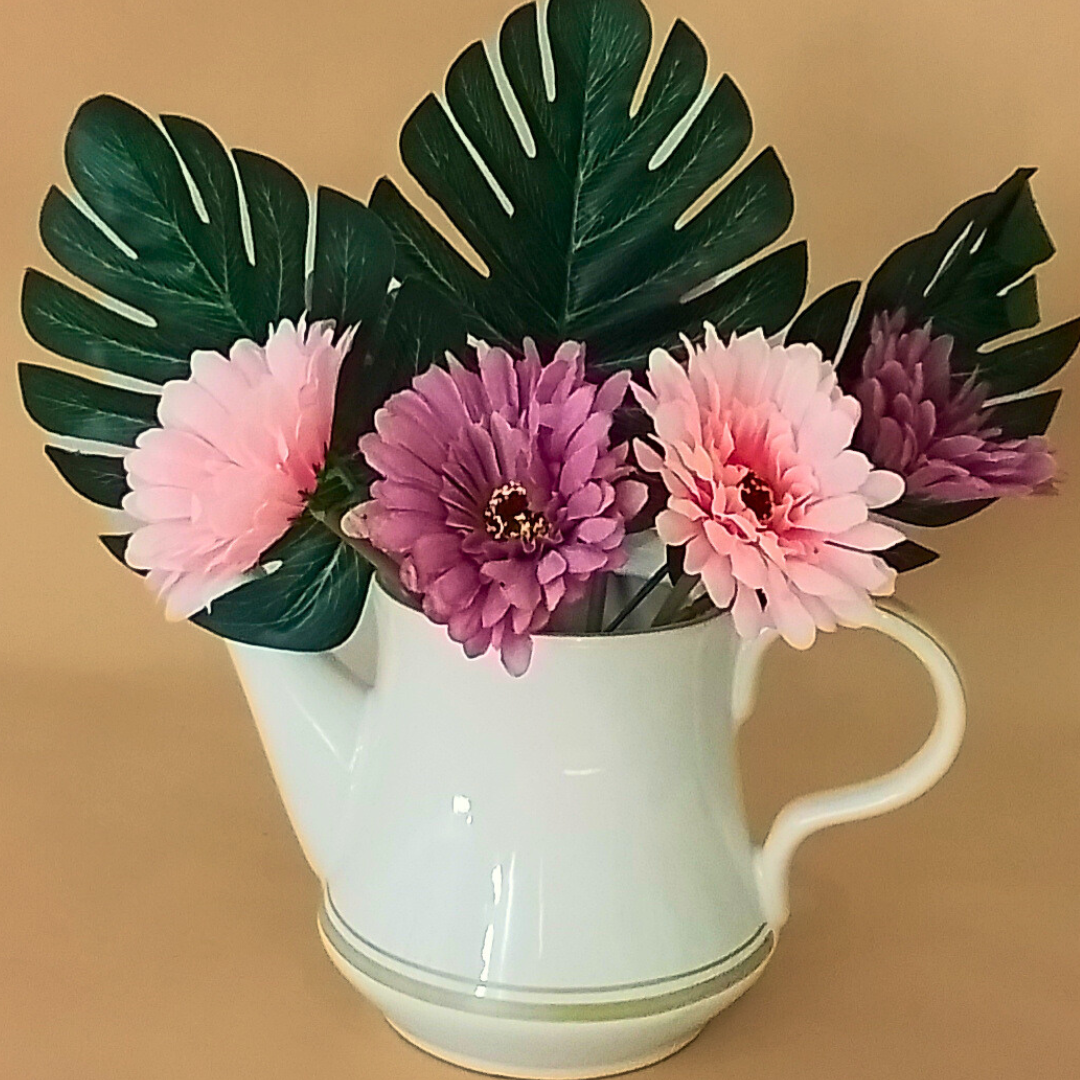 Large Upcycled Tea Pot (no lid) includes Artificial Flowers
