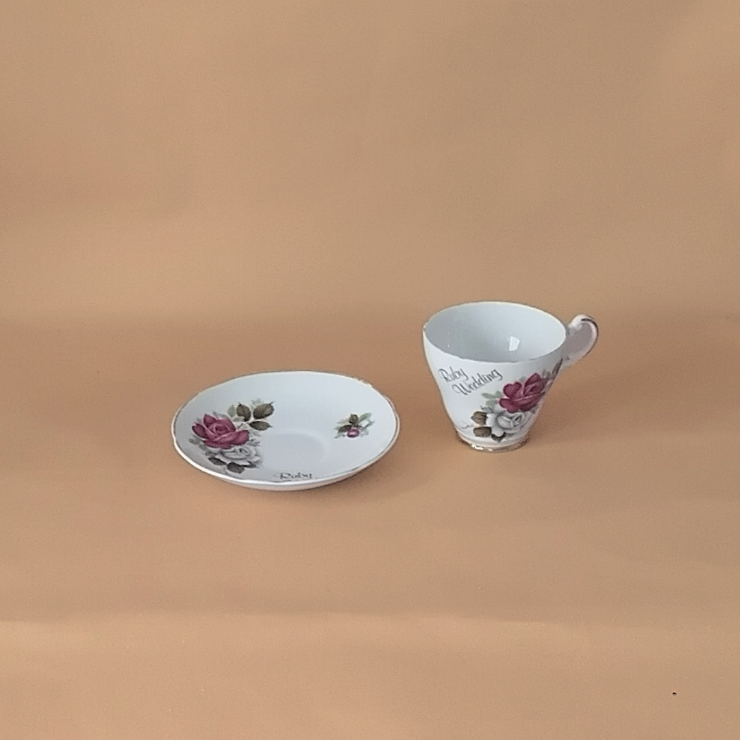 Argyle Ruby Wedding Cup and Saucer