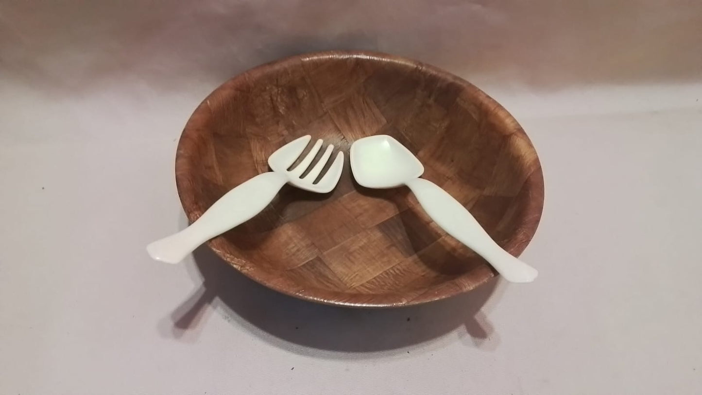 Vintage Wooden Serving Bowl With Plastic Salad Spoons
