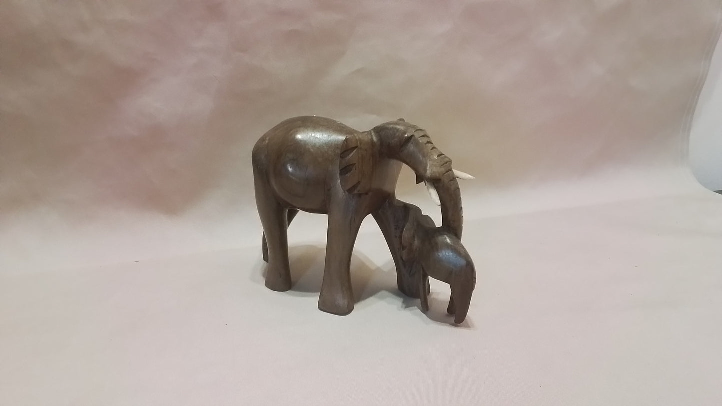 Mom & Baby Wood Carved Elephants