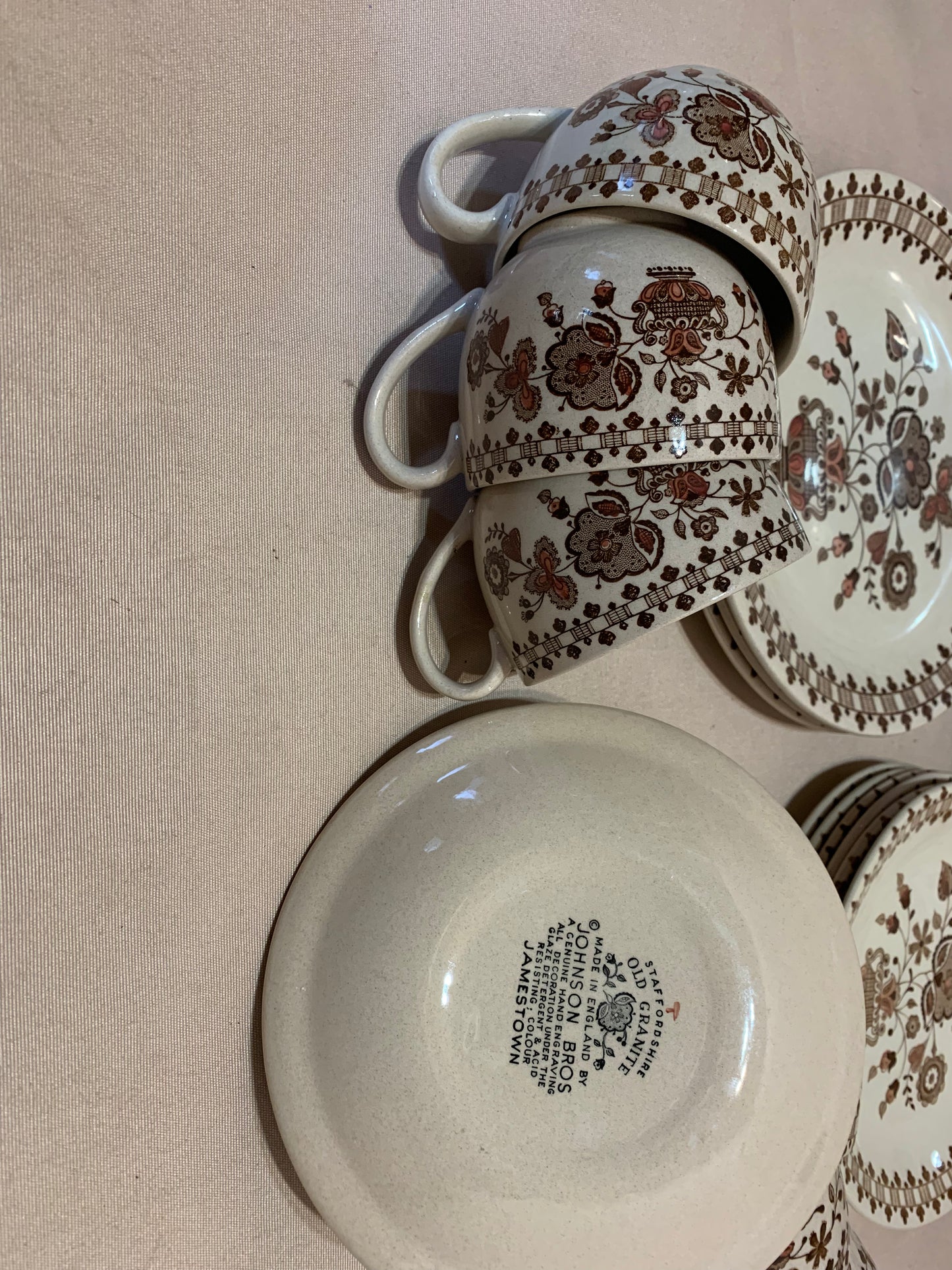 Staffordshire Old Granite Johnson Bros Jamestown Plates and Cups