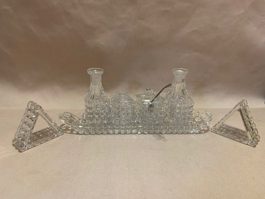 Antique Lead Crystal Hand Cut 4 Condiment Cruet Set On Hand Cut Crystal Tray