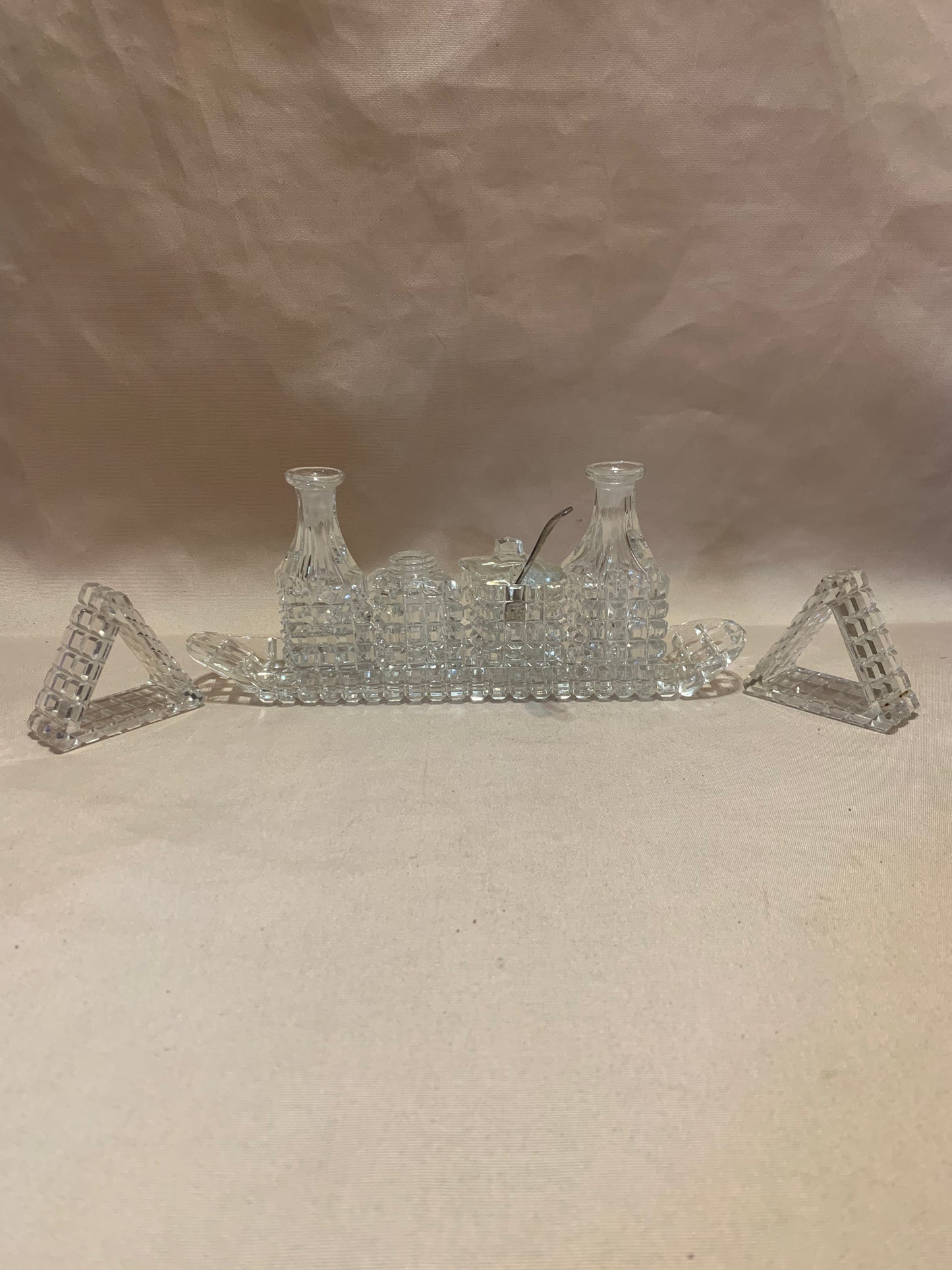 Antique Lead Crystal Hand Cut 4 Condiment Cruet Set On Hand Cut Crystal Tray