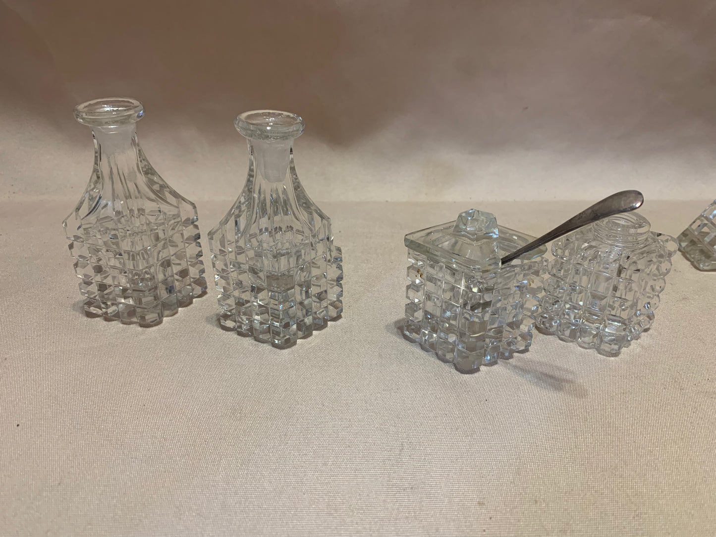 Antique Lead Crystal Hand Cut 4 Condiment Cruet Set On Hand Cut Crystal Tray
