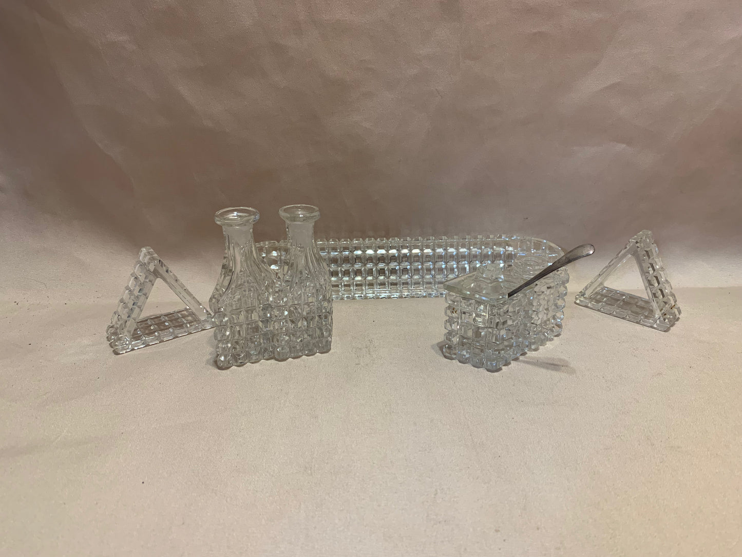 Antique Lead Crystal Hand Cut 4 Condiment Cruet Set On Hand Cut Crystal Tray