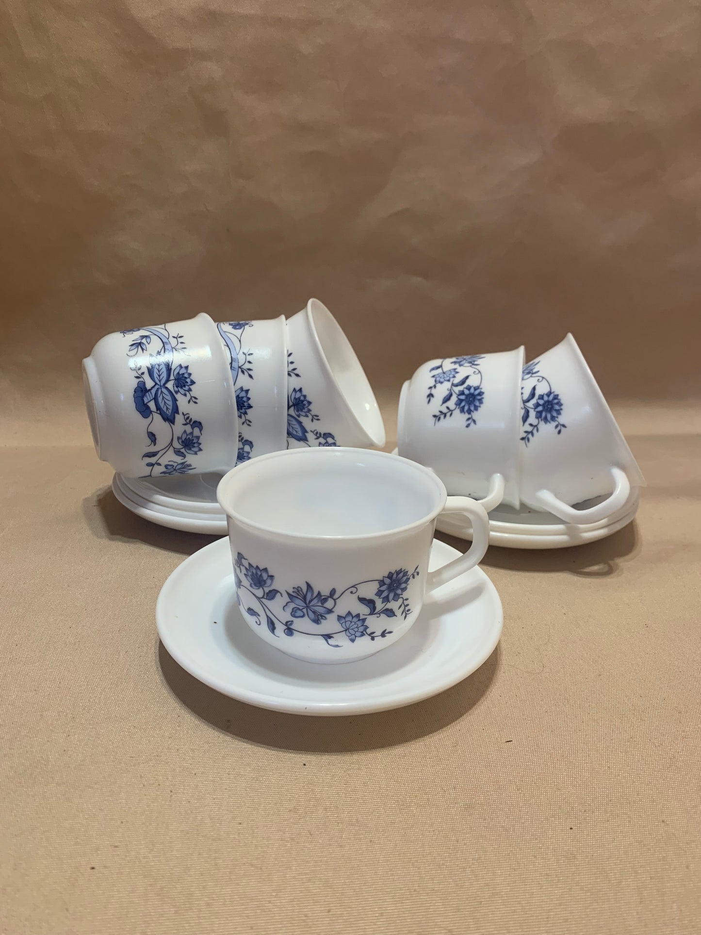 Vintage Arcopal Blue Onion Cups and Saucers - Milk Glass (6)