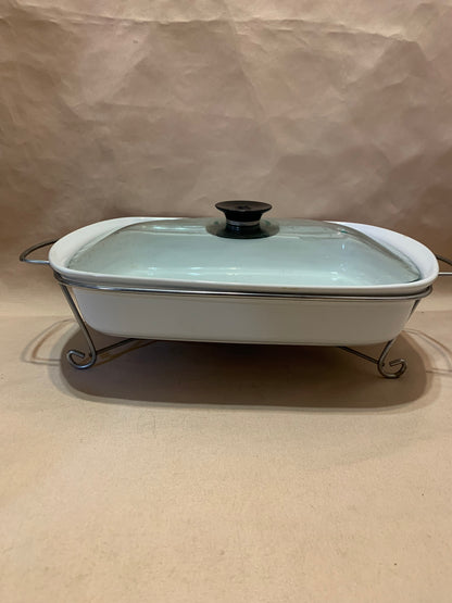 White Ceramic Buffet Serving Dish with Tealight Warmer Stand