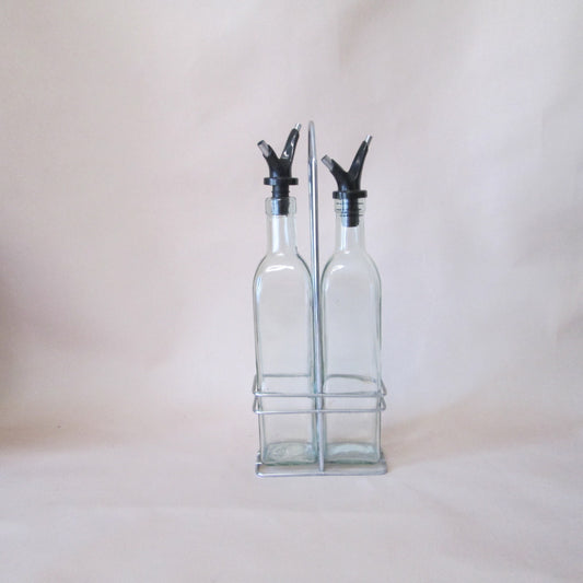 Tall Square Oil & Vinegar Bottles with Pourers on Stainless Steel Stand